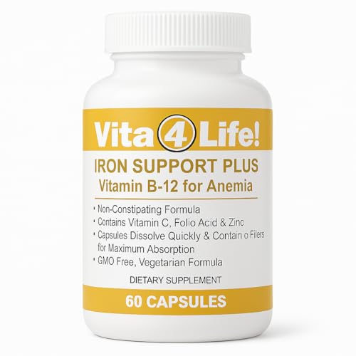 Vita4Life!® Iron Support Plus - 40mg Iron with Vitamin C, B-12, Folic Acid & Zinc - 60 Capsules - Non-Constipating Formula for Red Blood Cell Support & Energy - Vegetarian & GMO-Free Vita4Life!® Iron Support Plus - 40mg Iron with Vitamin C, B-12, Folic Acid & Zinc - 60 Capsules - Non-Constipating Formula for Red Blood Cell Support & Energy - Vegetarian & GMO-Free