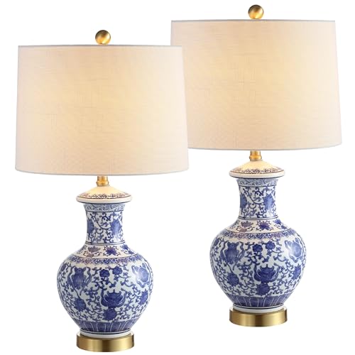 JONATHAN Y 25.25" Blue/White Ceramic Ginger Jar Table Lamp Set of 2, Traditional Brass Gold Base for Living Room Bedroom, White Linen Drum Shade, LED Bulbs Included JYL1072A-SET2
