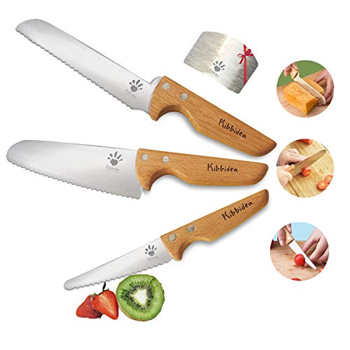 KIBBIDEA Kids Knife Set for Cooking 4pcs - Light-weight Stainless Steel Kids-safe knife set -Veggies, Sandwhich Cutter for Kids Kitchen Gift