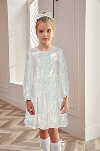 Grace Karin Girl's Long Sleeve Crew Neck Sequined A-Line Dress With Hair Bow White Multicolor #TOP1