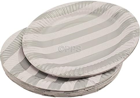 56 x Silver Striped Round Paper Plates - 18cm/7" inch Quality Durable Plates Ideal for hot and Cold Food