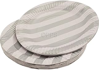 56 x Silver Striped Round Paper Plates - 18cm/7" inch Quality Durable Plates Ideal for hot and Cold Food