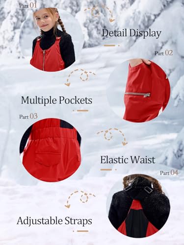 Image of Haloumoning Kids Snow Bibs Girls Ski Pants Waterproof Insulated Snowboard Overalls Snowsuit 5-14 Years