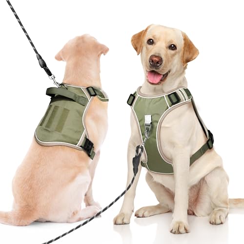 No Pull Dog Harness, Adjustable Harnesses for Small Dog, No Choke Soft Padded Dog Vest Harness with Handle, Oxford Reflective Pet Harness, 2 Leash Clips Harness for Walking, Army Green, S