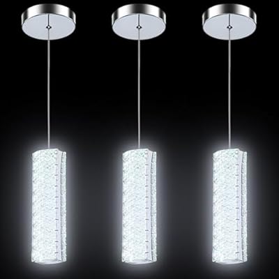 ROMYEAR 3-Pack Modern Crystal LED Pendant Lights for Kitchen Over Island with Remote, Adjustable Height Hanging Ceiling Light, Dimmable Chandelier for Dining Room, Bedroom, Living Room, Bar Counter