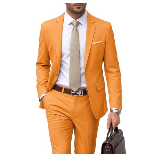 YND Men's Slim Fit 2 Piece Suit, 2 Button Notch Lapel Solid Jacket Pants Set with Tie, Party Wedding Dress Blazer Tux Orange