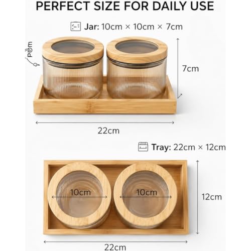 Image of Borosilicate Golden Ribbed Glass Storage Jar Set with Bamboo Tray, Set of 2 (500ml), Airtight Round Glass Containers with Bamboo Lids & Silicone Seal, Dry Fruit Storage Jars for Spices