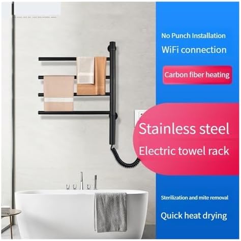 WiFi Electric Towel Rack 180° Rotating Towel Warmers Punch-Free Stainless Steel Heating Dryer Rack Bathroom Accessories (Black Standard 4rods)