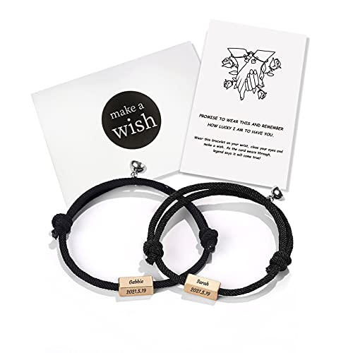 Mutual Attraction Rope Braided Couple Bracelets Charm Pendants with Magnetic Bells 2 PCS Gift Jewelry Set for Women Men (Black-Black)