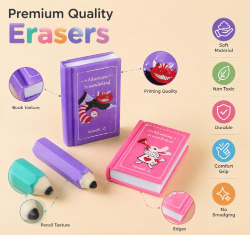 Image of Parshya Eraser for Kids Mini Pencil or Book Shape Erasers Set for Kids, Kawaii Eraser Set Cute Rubber for Kid Students School Office Stationery Pack of 4 Book 3 Pencil Eraser (Book and Pencil Eraser)