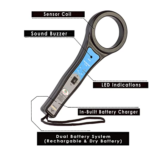 Image of Hand Held Metal Detector Model Validator S-16 (Black-Blue) with LED Indication and Variable Audio for Malls, Airports, Hotels, Railway Stations, Banks