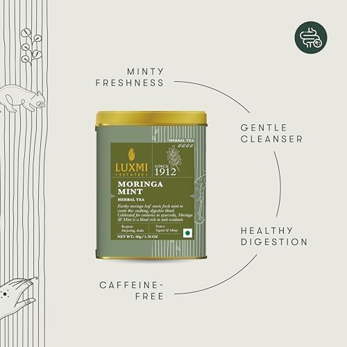 Image of Luxmi Estates Moringa Mint Tea, Loose Leaf, 50g (1.76oz, ~25 Cups), Moringa Oleifera Leaf with Spearmint - Caffeine-Free Herbal Superfood Infusion, Vegan & Non-GMO
