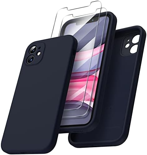 ORNARTO Compatible with iPhone 11 Case 6.1 inch, with 2 x Screen Protector Liquid Silicone Gel Rubber Cover [Square Edge] [Full Body] Shockproof Protective Phone Case for iPhone 11-Black