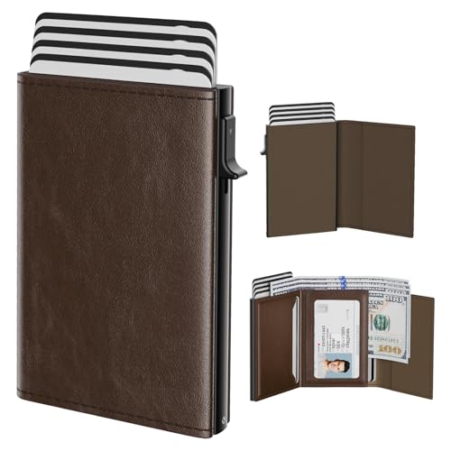 Image of typecase Mens Wallet Card Holder: Pop Up Aluminum Case, Genuine Leather, Smart, RFID Blocking, Slim, Minimalist, Front Pocket - 9-14 Card Capacity | ID Window | Cash Slot (Black Brown)