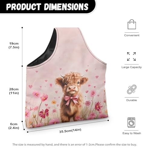 Image of KUIFORTI Highland Cow Yarn Bag Pink Flower Portable Crochet Bag Organizer Portable for Crocheting Knitting Accessories Home Valentines Day Women Gifts