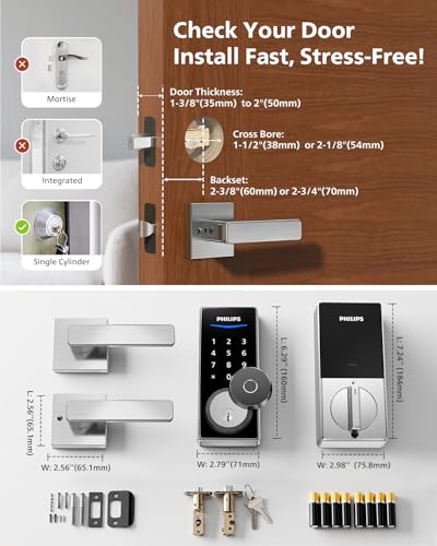 Image of Philips Wi-Fi Smart Lock with Handles, Built-in WiFi Keyless Entry Front Door Lock Set, Keypad Deadbolt with Handle, App Fingerprint Code Unlock, Auto Locking, Remote Control & Voice Unlock, Nickel