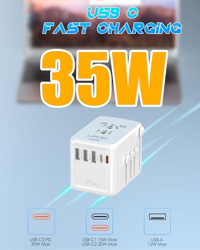 Image of Universal Travel Adapter, 35W PD Fast Charging & 2 USB C 3 USB A & 2500W AC Outlet, International Power Adapter for Europe UK US AU 200+ Countries, Compatible with iPhone 16 15, MacBook, Laptop