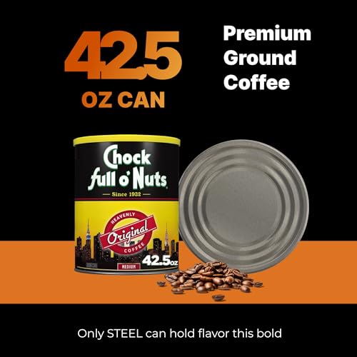 Chock Full o' Nuts Heavenly Original Ground Coffee &ndash; Premium Beans in Recyclable Steel Can &ndash; Rich Flavor & Aroma, Medium Roast &ndash; Perfect for Drip, Pour-Over, Percolator &ndash; 42.5 Oz Can