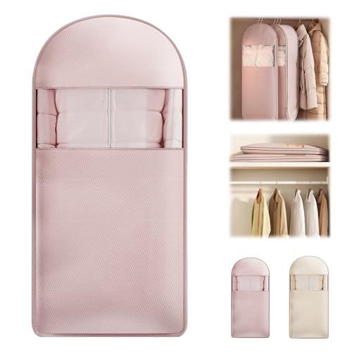Sac à vêtements à suspendre pour économiser de l'espace avec fermeture éclair auto-compression, organiseurs de placard économiseur d'espace, housse anti-poussière pour manteau en duvet, taille L (rose