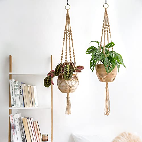 Mkono 2 Pack Macrame Plant Hangers Indoor Hanging Planter Basket Decorative Flower Pot Holder Jute Rope For Indoor Outdoor Home Decor 4 Legs 40 Inch, Brown #TOP1