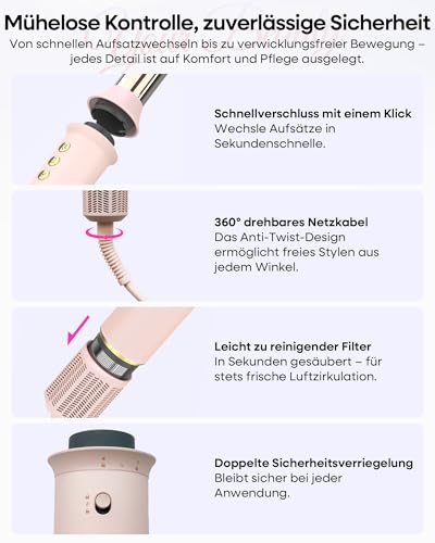 7-in-1 Airstyler, Hairstyler, Lockenstab Automatisch, Hochgeschwindigkeits Ionen Föhn, Keine Hitzeschäden, Schnelltrocknendes&Flusenfrei Styling, Glätteisen, Warmluftbürste mit Reisetasche