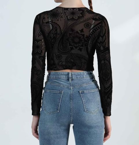 Image of ICW Women Long-Sleeves Round Neck Net Printed Transparent Mesh Sheer Crop Top T-Shirt DN38(Mix Print)