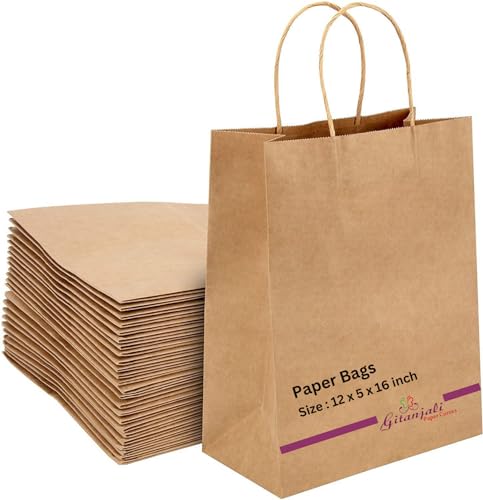 Image of Gitanjali Paper Curves Paper Bags -12x16x5in 25pcs Brown Large Return Gift Bag- Retail Paper Carry Bags- Disposable Recycled Eco Friendly Craft Paper Gifting Covers (Large-Brown, Pack of 25)
