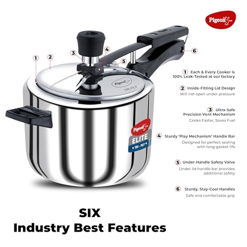 Image of Pigeon by Stovekraft Elite Shine 5L Tri-Ply Body Inner Lid Pressure Cooker Induction and Gas Stove Compatible that Distributes Heat Evenly for Uniform Cooking (Silver)