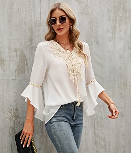 Susanny White Summer Western Fringe Mexican Embroidered Peasant Tunics Tops Hippie Boho Bohemian V Neck Dressy Casual Fashion Blouses Drendy Loose Fit Shirts Petite 3/4 Bell Sleeve Clothes Women 2022 #TOP7