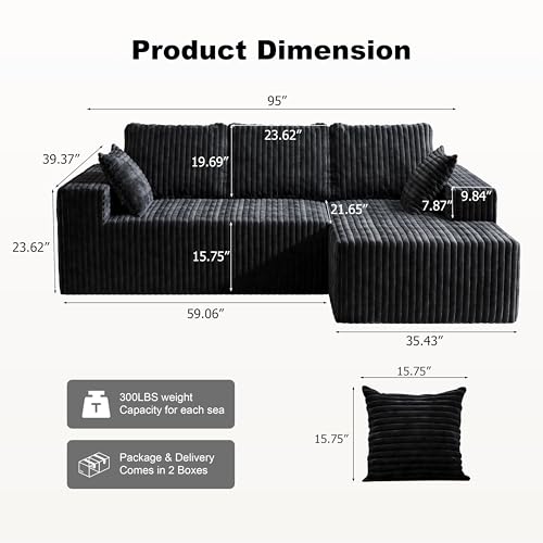 Image of 95 inch Modular Sectional Sofa - Memory Foam Sectional Couches with Deep Seat and Side Pockets,Modular Sofa Couches L-Shape Couch with Chaise, Boneless couches for living room(Black, 95 inch+Right Chaise)