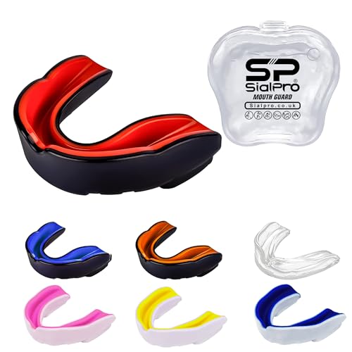 Double Layer Mouth Guards Slim Fit Junior Mouldable Gum Shield with Case for Boxing Men MMA Rugby Hockey Basketball Muay Thai Kickboxing Football All Contact Sports (<11 Years), Black-Red)