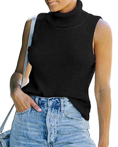 Image of Womens Sleeveless Sweater Vest Turtleneck Ribbed Knit Tank Tops Basic Slim Fit Top