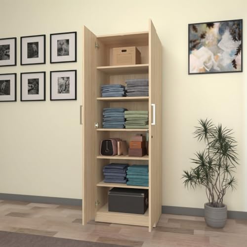 Image of Amazon Brand - Solimo Trelo 2 Door Wardrobe | 6 Shelves | 60L x 46.9W x 183.8H CM | Wood Oak Light Finish | DIY