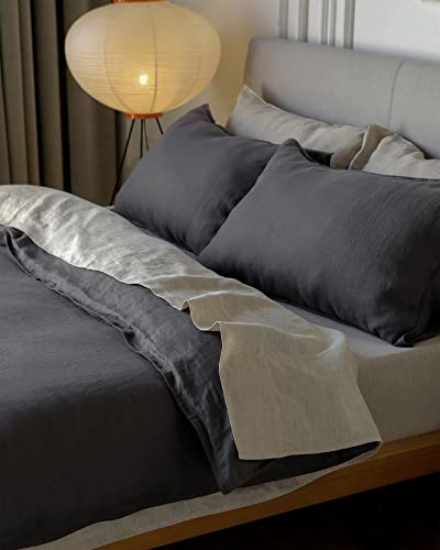 Image of XZ XIFA 100% Washed French Flax Linen Duvet Cover Set - 3 Pieces, Cooling & Textured Farmhouse Bedding for Hot Sleepers, with Zipper Closure (Dark Gray, King)