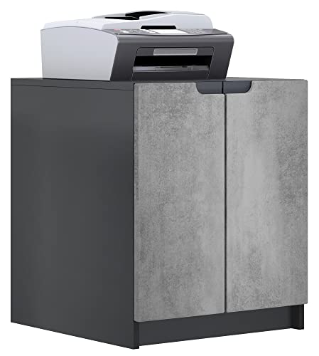 Vladon Commode d'imprimante Logan, Armoire à dossiers avec 2 Compartiments et 2 Portes, Corps Noir Mat, façades Aspect béton foncé, (51 x 60,5 x 54 cm)