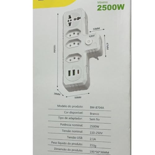 Extensão Tomada Régua de Energia, Adaptador De Tomada, 4 Tomadas, 2 Interfaces USB, 1 Porta USB Tipo