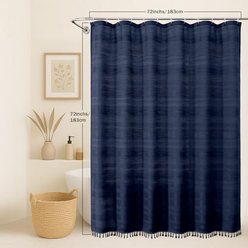 OVZME Navy Blue Shower Curtain for Bathroom, Boho Linen Textured Shower Curtain with Tassel, Rustic Striped Heavy Duty Vintage Country Bathroom Curtain, 72Wx72L Inches by OVZME - Used condition - Image 5