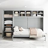TOLAE Queen Size Murphy Bed with Wardrobe and Drawers, Wall Bed Cabinet with Storage Shelves, Foldable Space Saving Bed Frame for Apartment or Guest Room, No Mattress (Grey)