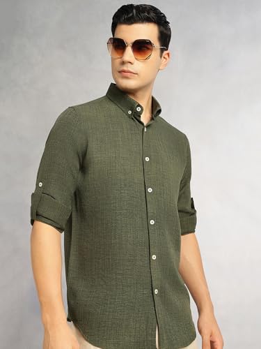 Image of Thomas Scott Men's | Solid | Textured Fabric | Full Sleeve | Slim Fit | Polyester-Blend | Spread Collar | Casual Shirt