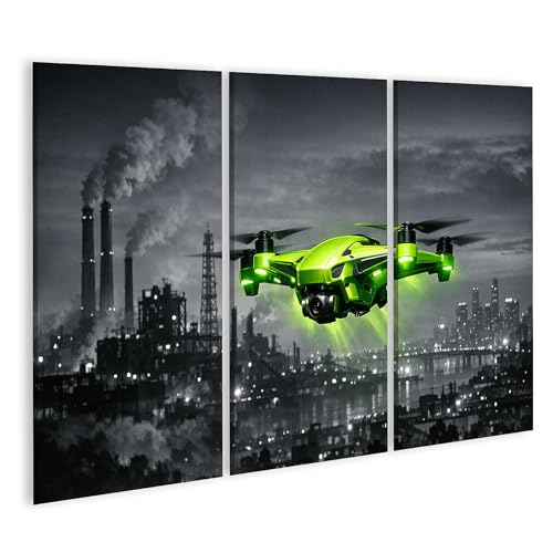 Tableau sur toile de drone vert futuriste islandburner en 3 pièces avec châssis en bois