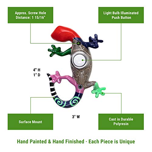Waterwood Hand Painted Gecko Doorbell - Wired & Illuminated Push Button Cast in Durable Polyresin