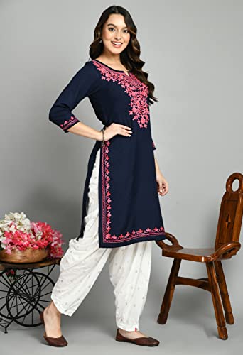 Image of QAZMI Women's Floral Aari Embroidered Viscose Rayon 3 /4 Sleeves Straight Kurta