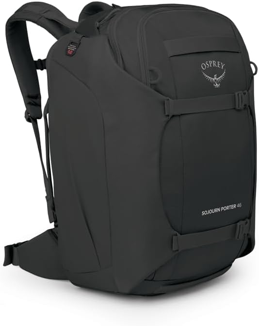 Osprey Sojourn Porter Mochila de viaje de 46 L – Equipaje de mano compatible con compresión StraightJacket y funda acolchada para computadora portátil – Paquete duradero para viajes internacionales o urbanos, negro