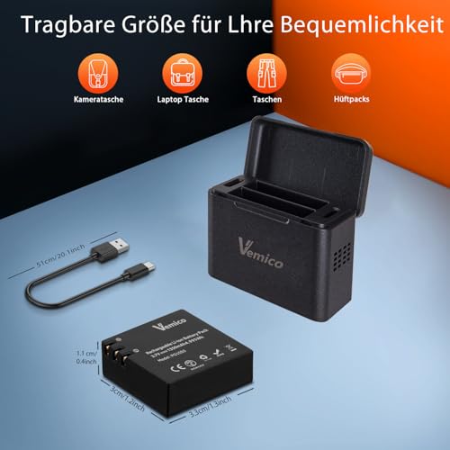 Vemico Action Cam Akku Ladegerät Kit 3 x 1350mAh PG1050 Akku mit Dual Ladegerät Kompatibel mit Action Cam/Sjcam/Apexcam/Victure/Campark/Akaso/Apeman/Nilox/Crosstour/Dbpower/Eken (schwarz)