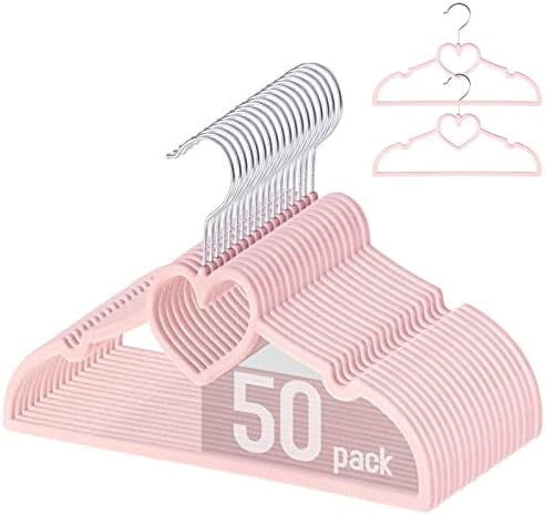 50 Pack Kid Velvet Hangers - 13inch Pink Heart Felt Hangers Perfect for Children Clothes, Heart Shape Design Space-Saving Soft & Durable, Ideal for Kids Closet Organization