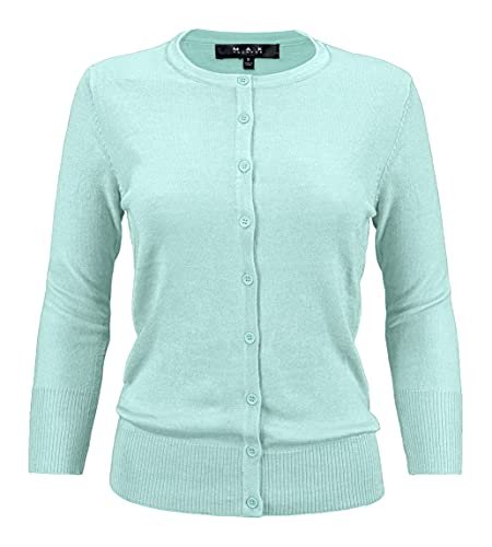 YEMAK Women's Knit Cardigan Sweater â€“ 3/4 Sleeve Crewneck Basic Classic Casual Button Down Soft Lightweight Knitted Top CO079-IBL-3X Ice Blue