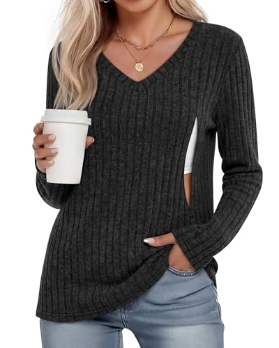 Sweetyweee Women's Maternity Nursing Tops, V Neck Breastfeeding Sweaters Long Sleeve Hidden Zipper Shirts(Black,Small)