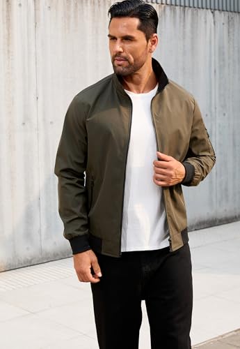 Image of QTE Army green Jacket for Men Fashion Windproof Bomber Jackets Coat Lightweight Casual Spring Fall Stand Collar Windbreaker Zip Up with Pocket
