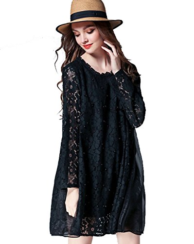 Robe en dentelle chic femme XL noire à manches longues YALI