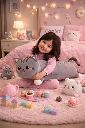 Image of Cute Long Cat Plush Pillow for Kids | Soft Huggable Sleeping Body Pillow | Grey Cartoon Cat Stuffed Toy for Girls & Boys | Decorative Bed & Sofa Cushion (60 cm) (Grey)